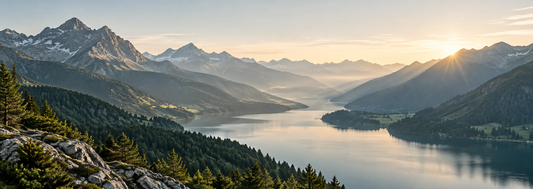 Ruhige Berglandschaft mit See im Morgenlicht